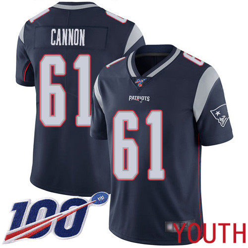 New England Patriots Football #61 100th Limited Navy Blue Youth Marcus Cannon Home NFL Jersey->youth nfl jersey->Youth Jersey